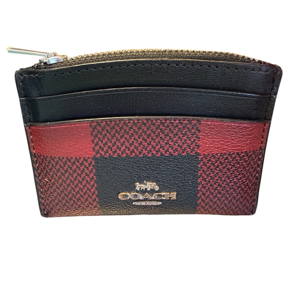 Coach Plaid Card Holder in Black and Red buffalo wallet designer coin clutch